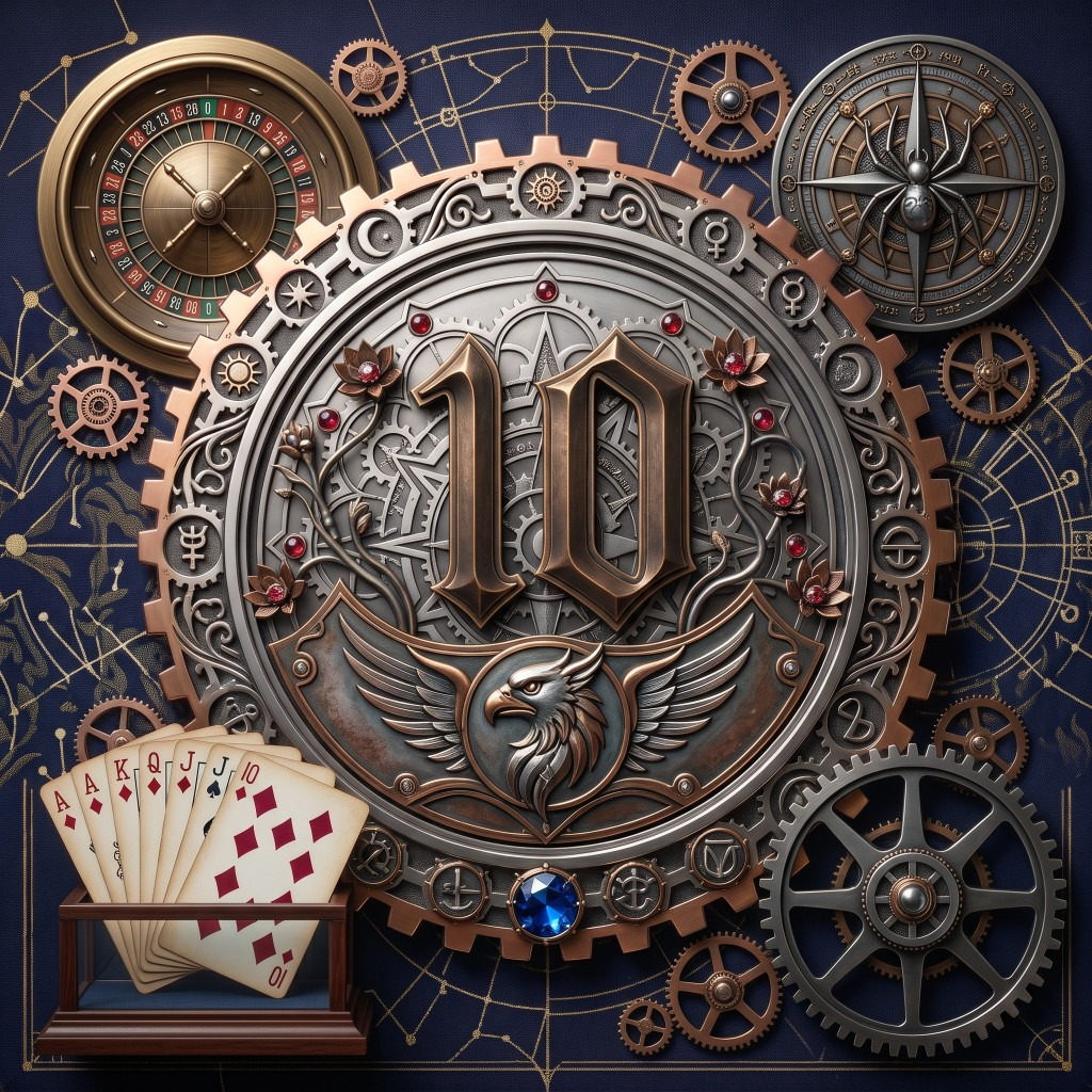 A bronze emblem with a roulette wheel, playing cards and a numbered medallion.