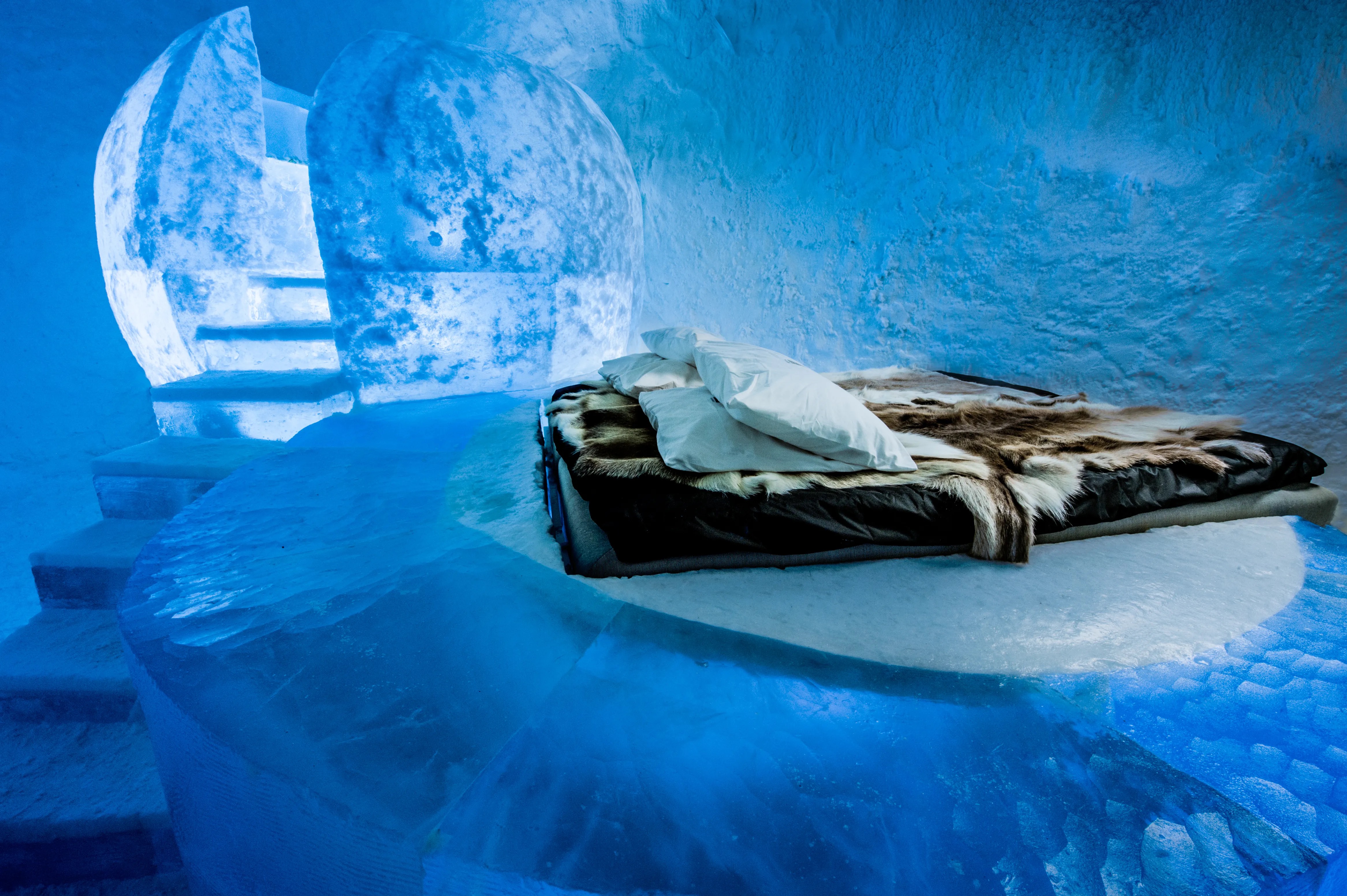 The approach to one of the ice hotels described in this section.
